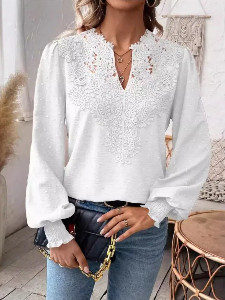 Autumn Women's Clothing New Sexy V-neck Fashion Lace Patchwork Solid Color Shirt Long Sleeved Casual Shirt Women's Clothing
