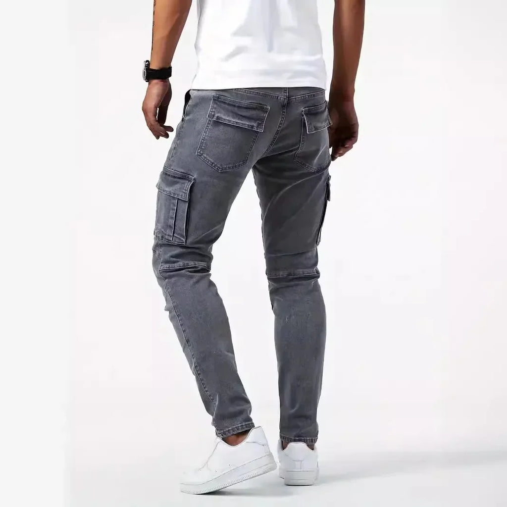 Men Fashion Casual Pencil Elasticity Jeans Male Multi Pocket Small Slim High Street Denim Pants Wash Solid Dark Blue Trousers