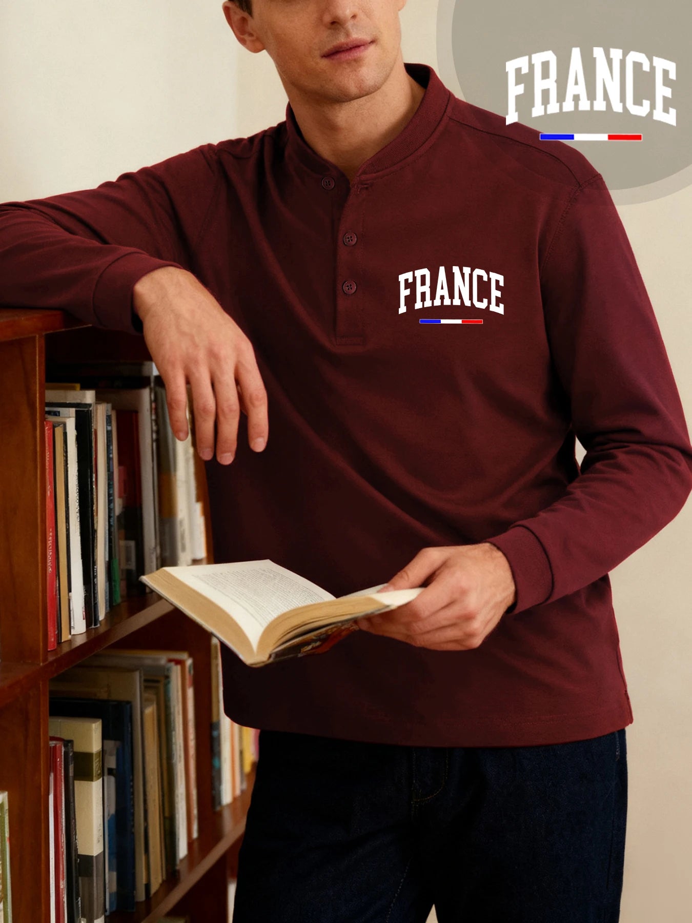 France Letter Creativity Prints Henley Shirts Men Henery Neck Basic Clothing Street Classic T Shirt Casual Bottoming Long Sleeve